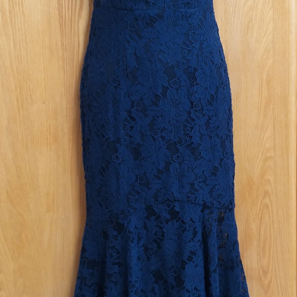Xscape Womens Navy Lace Off-The-Shoulder Hi-Low Midi Dress Petites 2P Pre-owne - Picture 16 of 16
